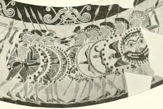 Painted frieze of armoured spearmen advancing in overlapping ranks with round shields, accompanied by a piper.