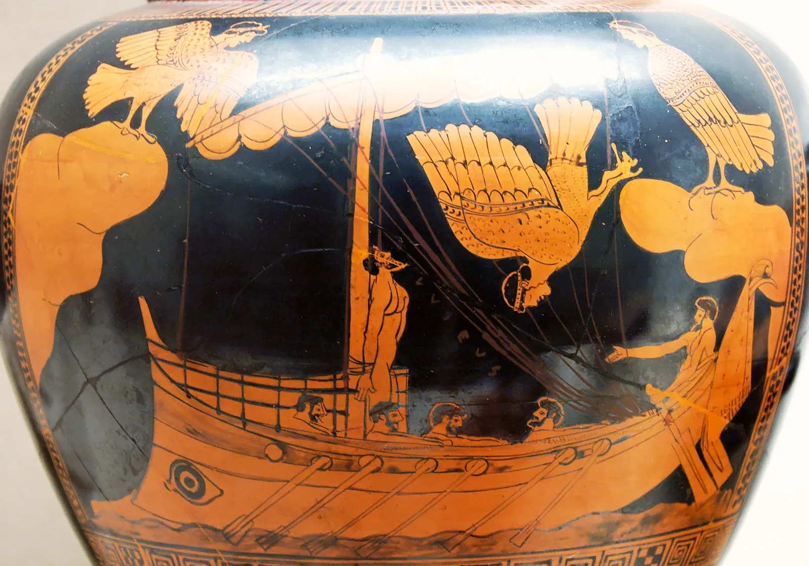 Red-figure vase painting of a ship whose central figure is lashed to the mast while rowers pull past bird-bodied Sirens perched on rocks.