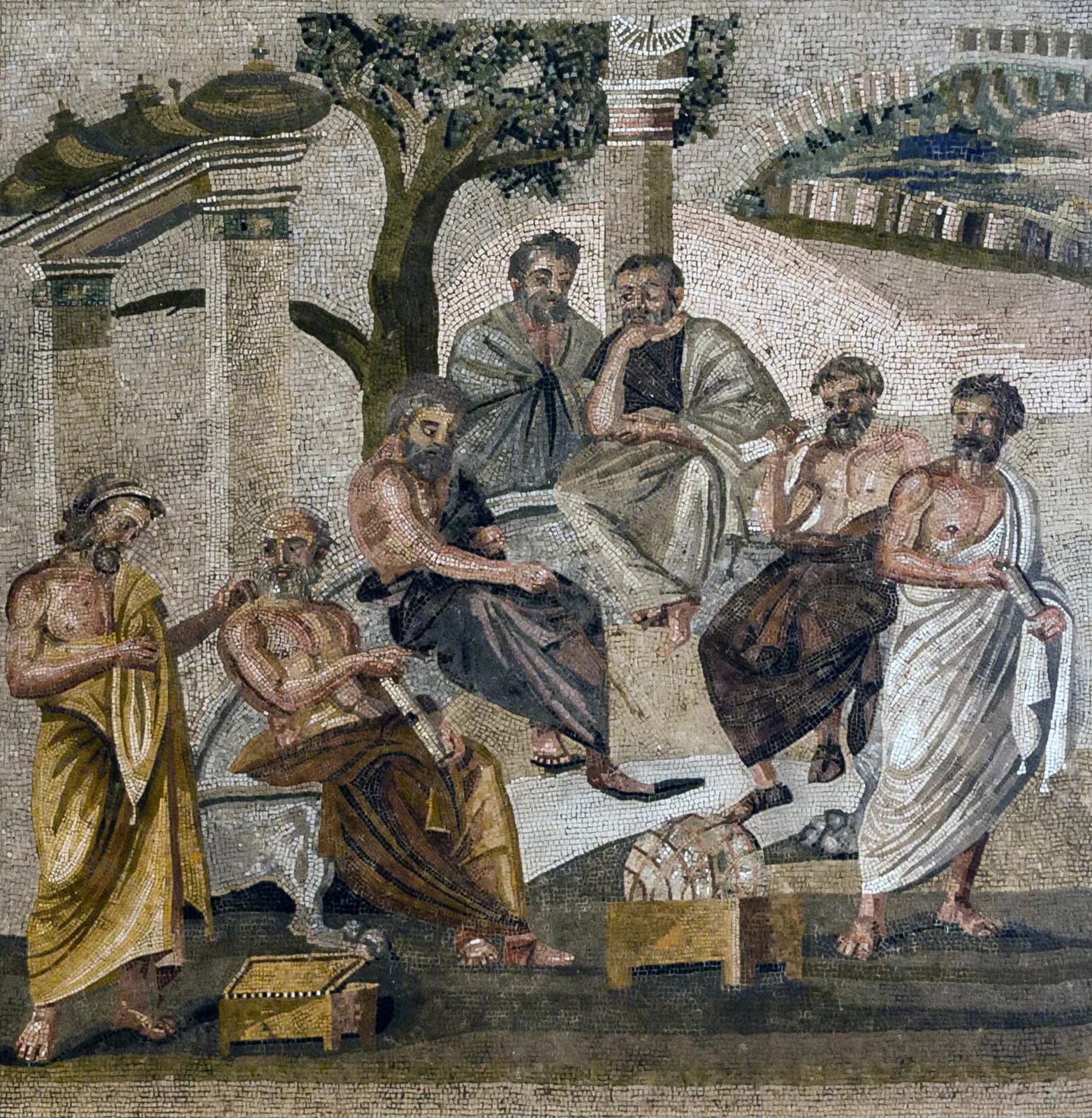 A Roman mosaic from Pompeii showing a group of philosophers gathered in discussion beneath a tree, traditionally identified as Plato's Academy.