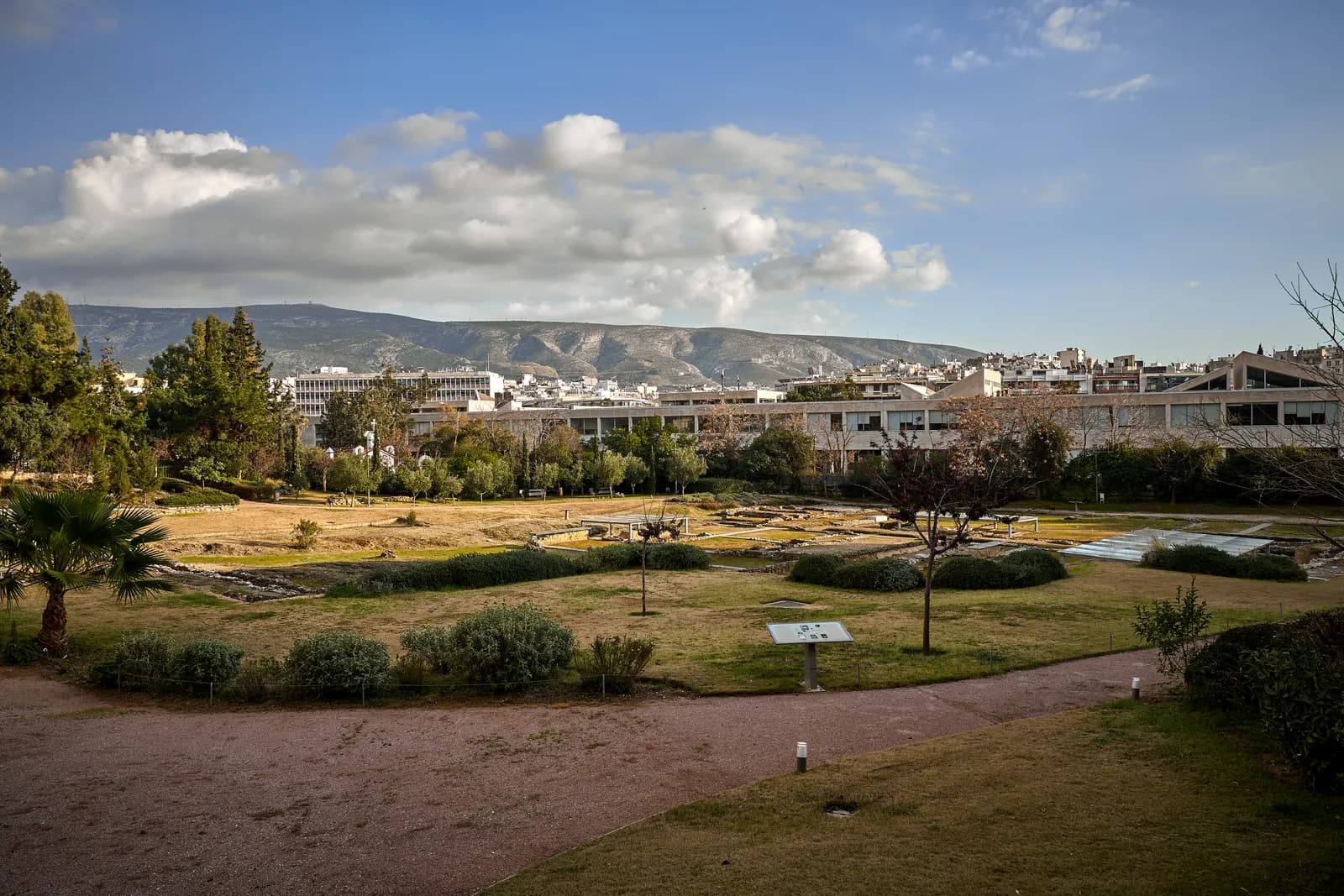 The excavated foundations of the Lyceum of Aristotle in central Athens, low walls and pathways of the ancient gymnasium and philosophical school.