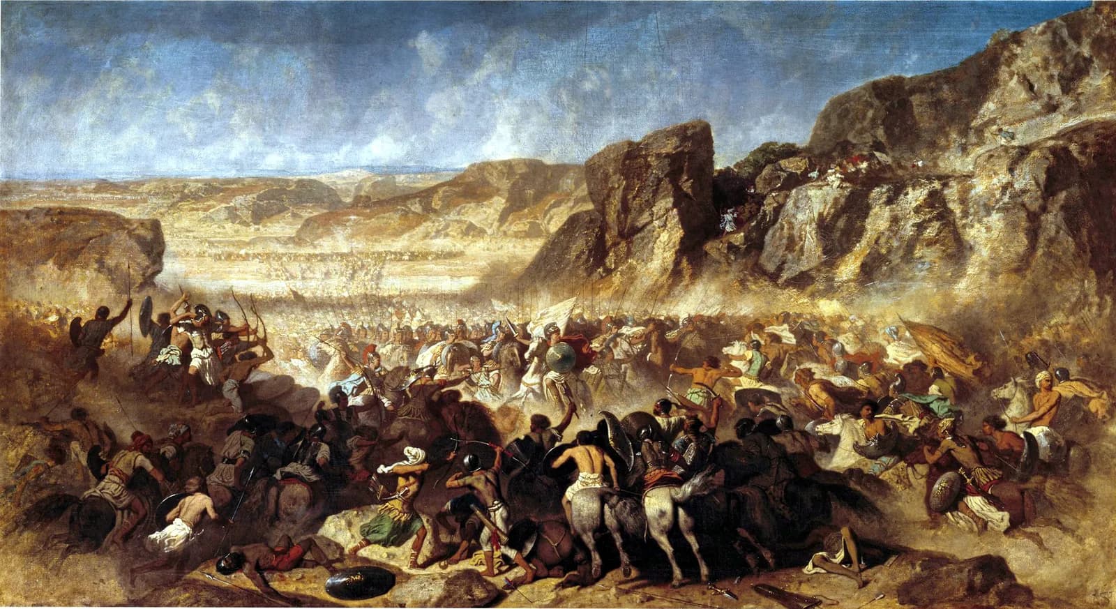 A nineteenth-century history painting by Adrien Guignet depicting Xenophon's Ten Thousand on the march through a rugged landscape during their retreat.