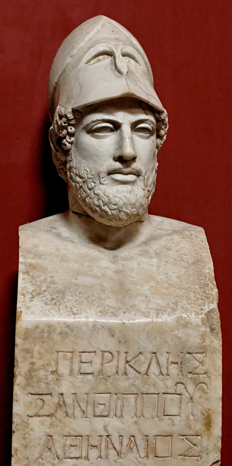 Marble herm of Pericles wearing the strategos helmet, Roman copy after a Greek original by Kresilas, c. 430 BCE.
