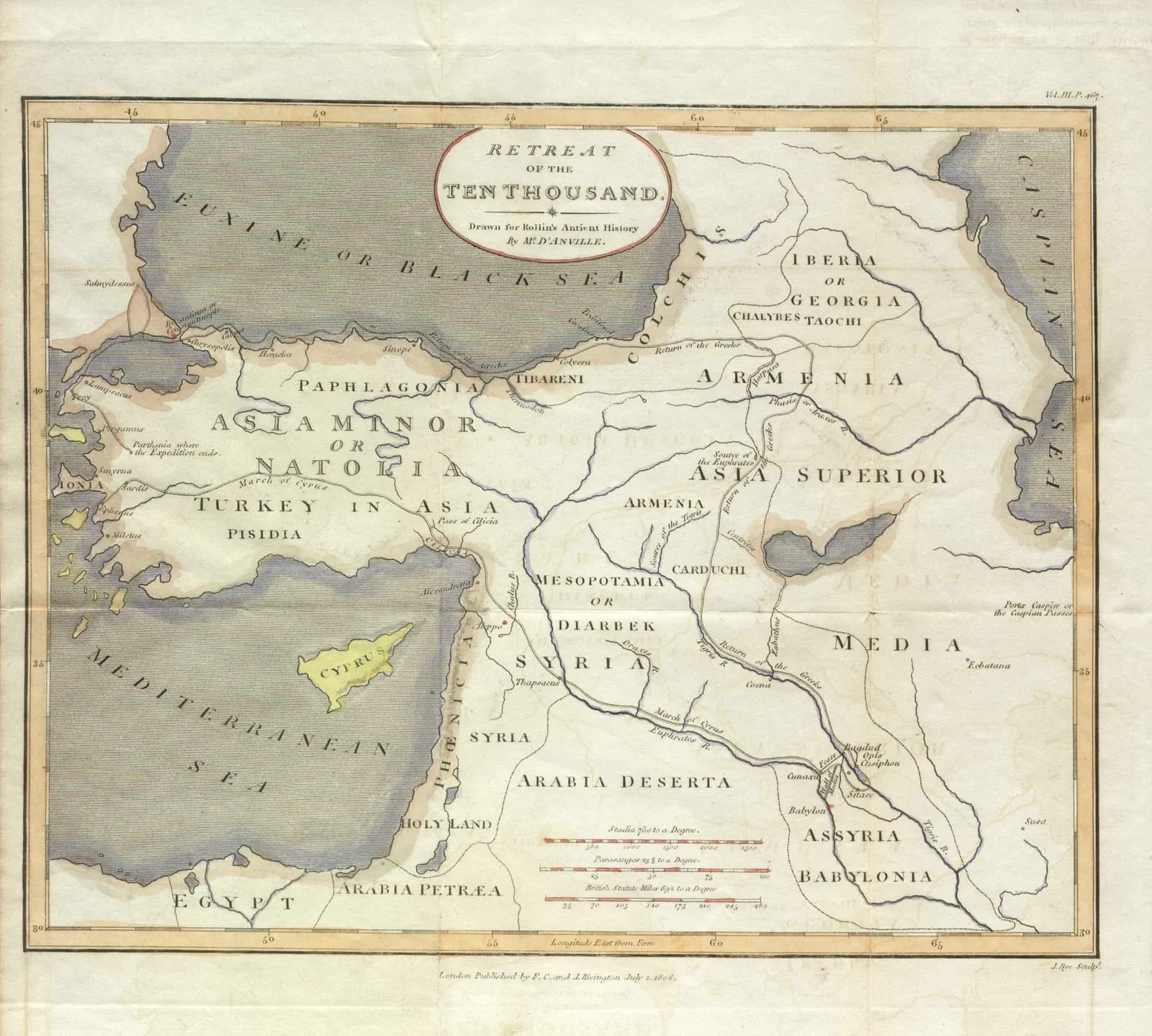 An eighteenth-century map by the cartographer d'Anville tracing the route of the Ten Thousand from Cunaxa near Babylon north through the Persian interior to the Black Sea.