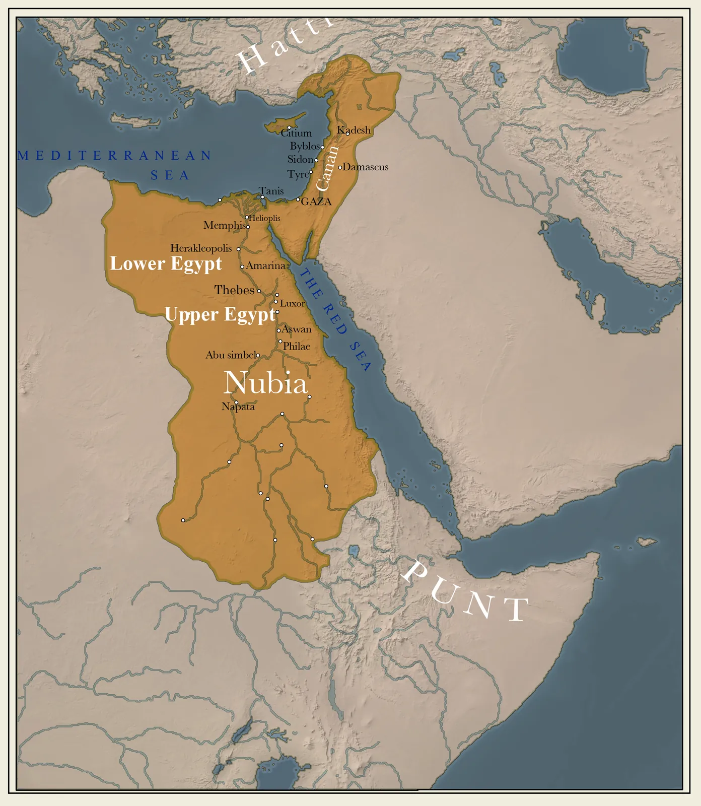 A map of New Kingdom Egypt under Thutmose III, showing the Nile valley, the empire's reach into Nubia and the Levant, and the major cities.