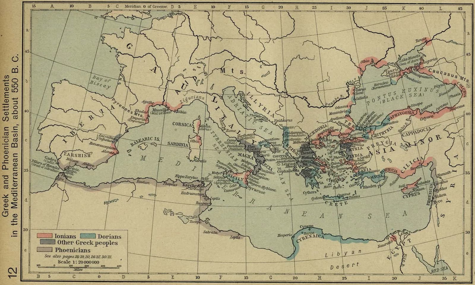 A historical map of the Mediterranean world around 550 BCE, showing the spread of Greek and Phoenician colonies along its coasts.