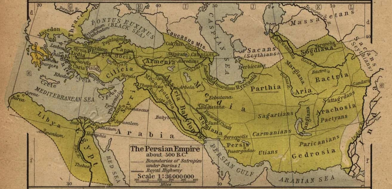 A historical map of the Achaemenid Persian Empire at its greatest extent, from the Aegean to the Indus, with its satrapies and royal roads.