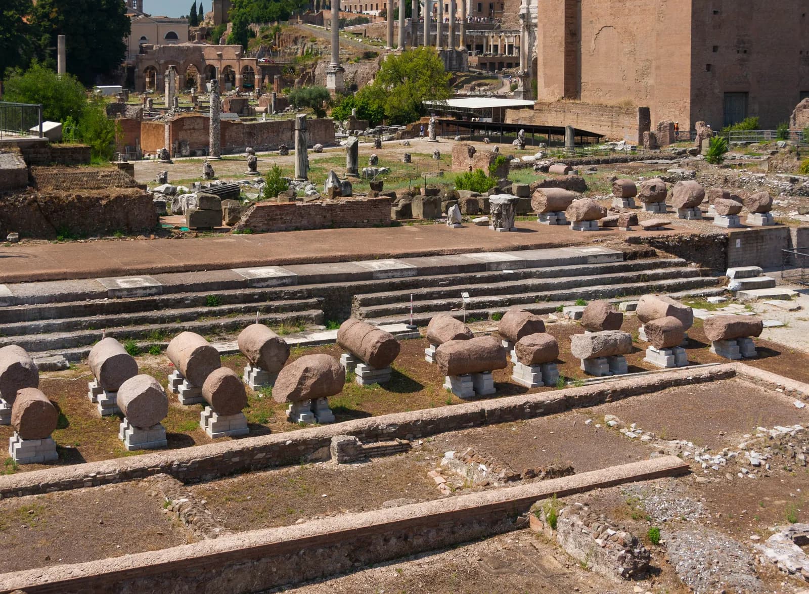 Overview of the Roman Forum looking east, with the Arch of Septimius Severus, the Curia Julia, the Temple of Antoninus and Faustina, and the Palatine Hill visible.